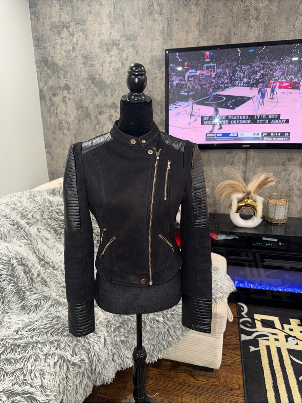 Women's Black Moto Jacket with Quilted Sleeves